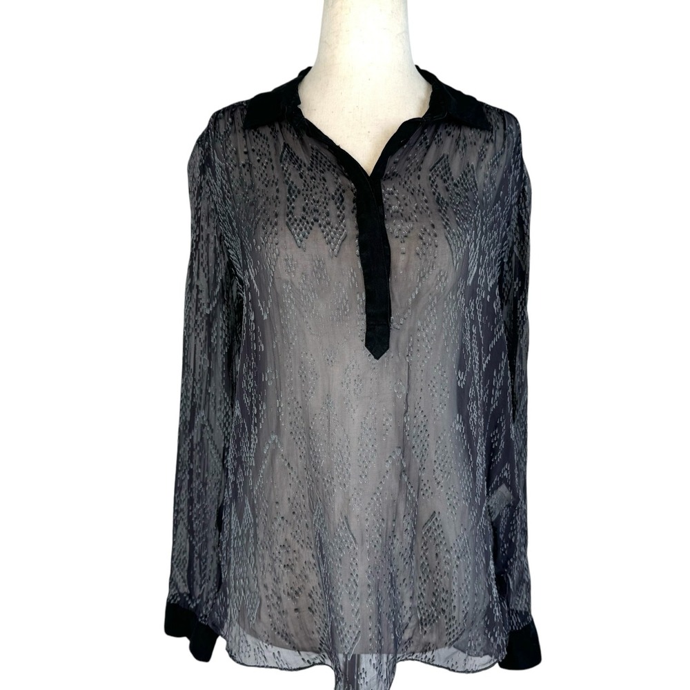 Rebecca Taylor Silk Sheer Ikat Print Blouse Sz 6 Blk Gray Whimsigoth Dark Chic